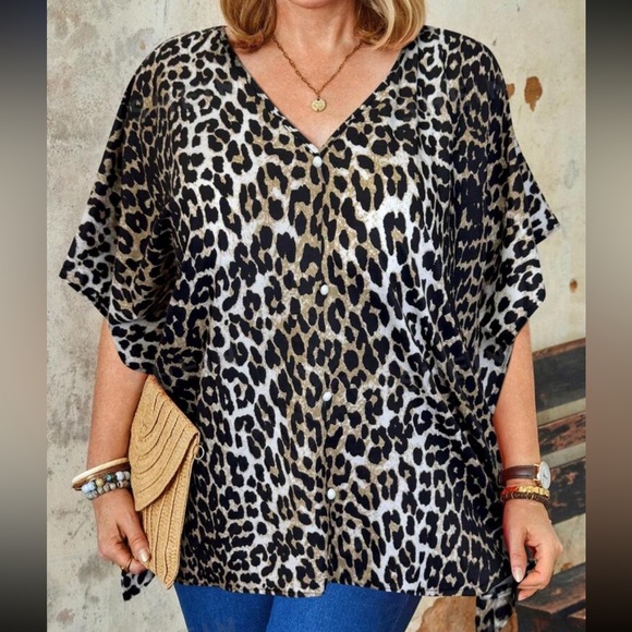 Boho Plus Size Leopard Print Batwing Sleeve V Neck Top Blouse Shirt - Picture 2 of 3